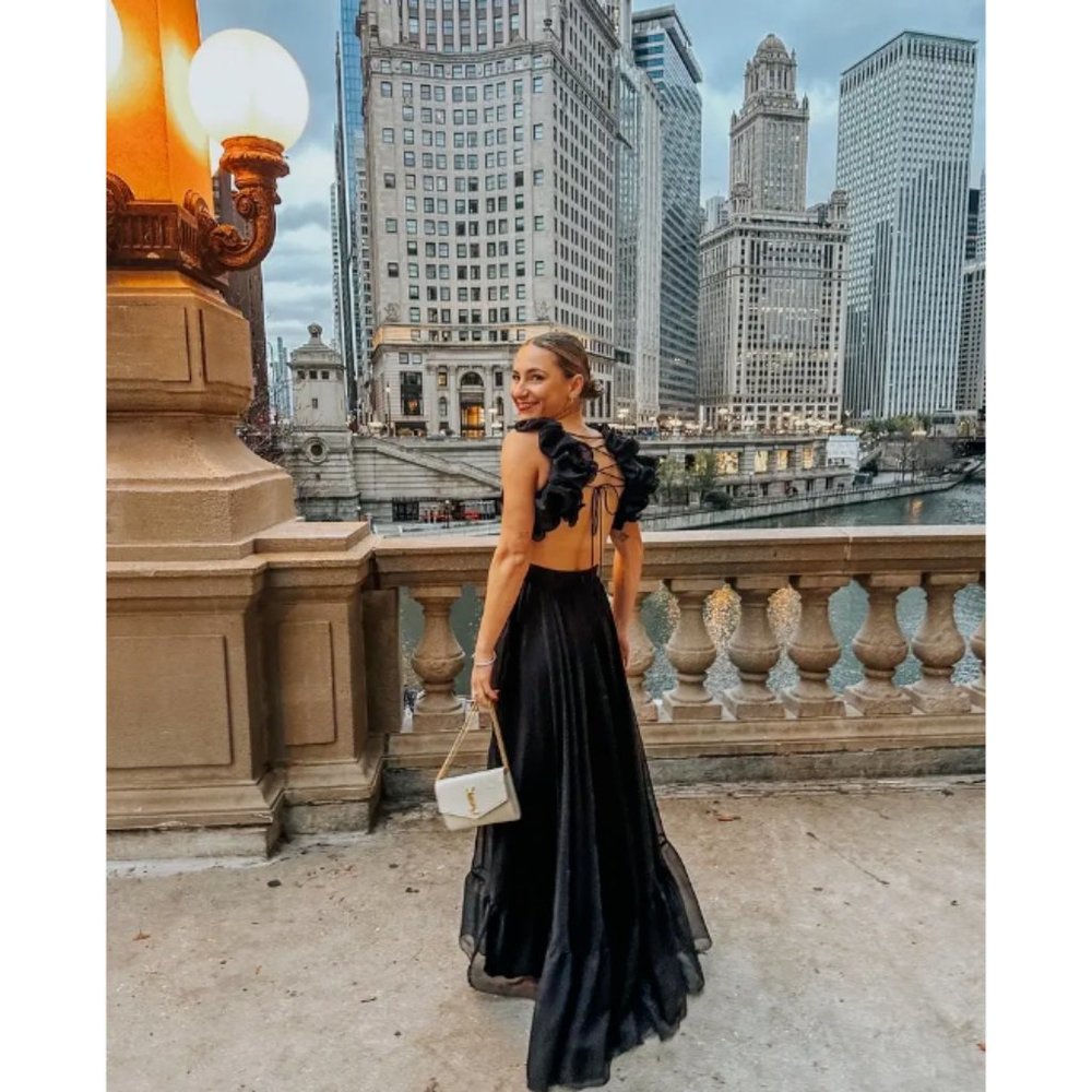 Mac Duggal LEENA Black Chiffon Ruffled Cut-Out Lace-Up Back Gown Size 0